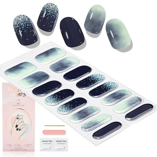 WOKOTO Semi Cured Gel Nail Strips (Black Gradient)-16 Pcs Gel Nail Stickers | Gel Nail Wraps | UV Light Required, Salon Quality & Easy to Use, Real Nail Polish Strips Stick On Nails with Nail File