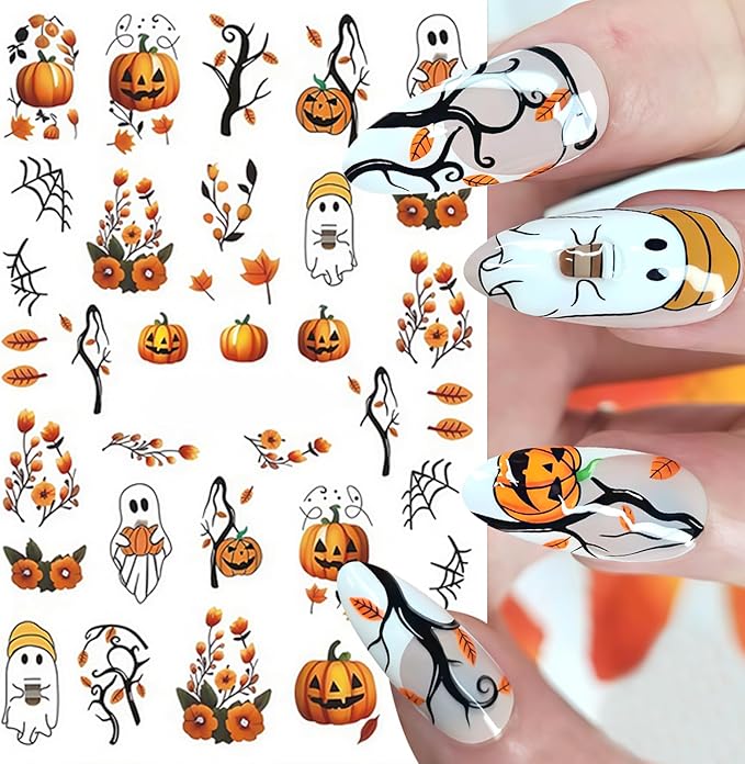 8 Sheets Halloween Nail Art Stickers Decals Ghost Pumpkin Nail Decals 3D Self-Adhesive Pink Mushroom Flower Ghost Nail Supplies Nail Decorations Gothic Nail Sticker for Women Halloween Party