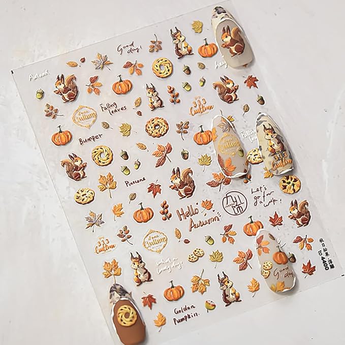 1 Sheets Fall Nail Stickers Autumn Maple Leaf Nail Art Stickers for Nail Art Cute Pine Cones Pumpkin Designs 5D Embossed Self-Adhesive Thanksgiving Nail Decals for Women Acrylic Manicure DIY