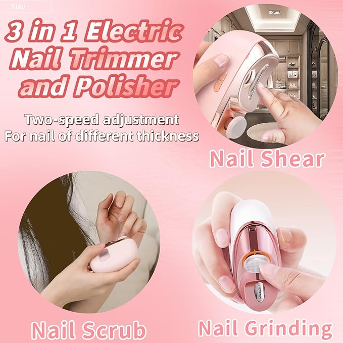 Electric Nail Clippers,2025 Upgraded 3 in 1 Automatic Electric Nail Clipper Trimmer with Polishing for Fingers and Toes with 2 Adjustable Speeds for Seniors,Adults,Women-Pink