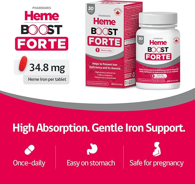 Hemeboost Forte 34.8 mg (696 mg Heme Iron) I 30 Tablets I High Potency Natural Iron Supplement I High Absorption & Gentle on Stomach I Iron Pills for Adults & Safe for Use in Pregnancy