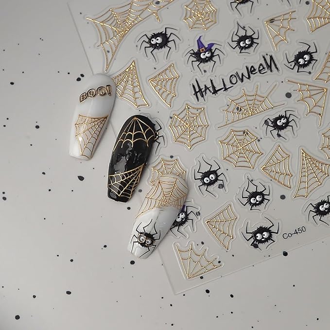 Spider Spider Web Nail Stickers for Nail Art 3D Glitter Gold Spider Web Black Spiders Nail Decals Design Stickers Acrylic Nails Tips DIY Manicure Decoration Supplies for Halloween and Daily Nails