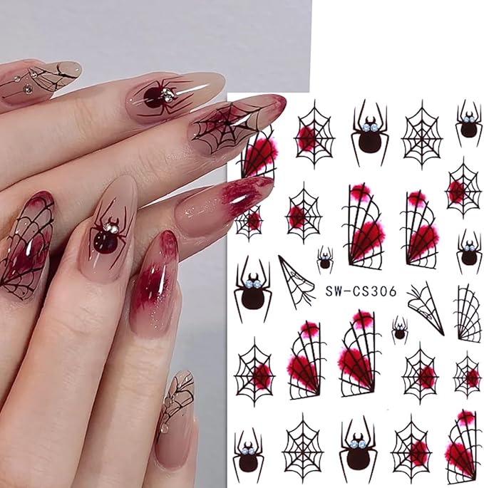 Halloween Nail Stickers Self-Adhesive Cute Spider Web and Spider Designs Nail Art Supplies Spiders Nail Decals Holiday Salon Manicure Decoration for Women DIY Nails Supplies