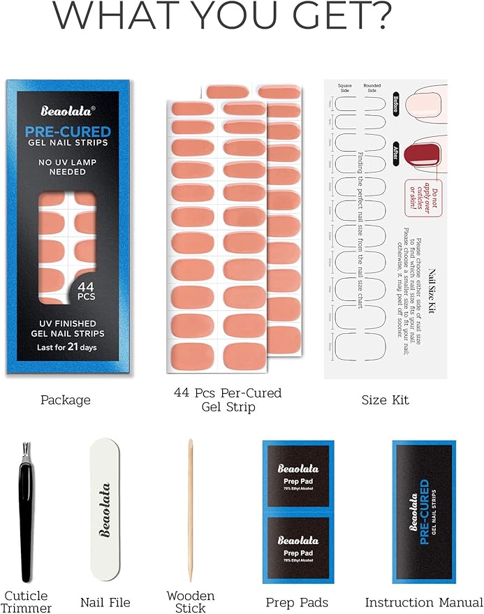 Pre Cured Gel Nail Strips - 44PCS Salon Quality Gel Nail Stickers - Long Lasting Polish Wraps for Women no UV Light Needed Easy Apply& Remove (Coral Orange)