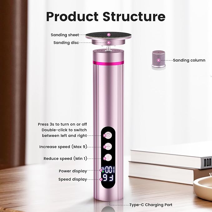 2 in 1 Foot File & Nail Drill, Rechargeable Electric Foot Callus Remover with 9 Adjustable Settings, Digital Display Screen Electric Callus Remover for Feet, Foot Scrubber for Women Men (Light Pink)