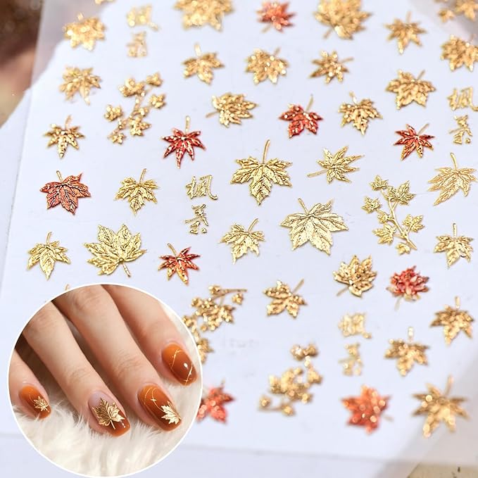 1 Sheet Fall Nail Stickers for Nail Art Autumn Maple Leaves Nail Decals 5D Embossed Thanksgiving Day Gold Maple Leaf Nail Art Supplies Red Leaf Nails Accessories for Women Acrylic Nails Decoration