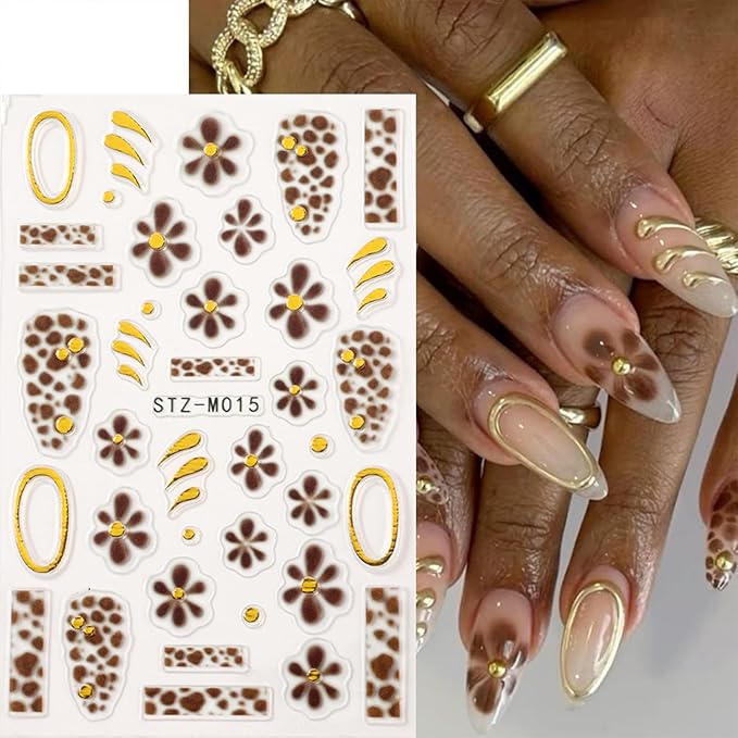 Leopard Print Nail Art Stickers Decals French Tip Nails Stickers 5D Embossed Flower Nails Decal Self-Adhesive Nail Art Decal for Women Manicure Decor