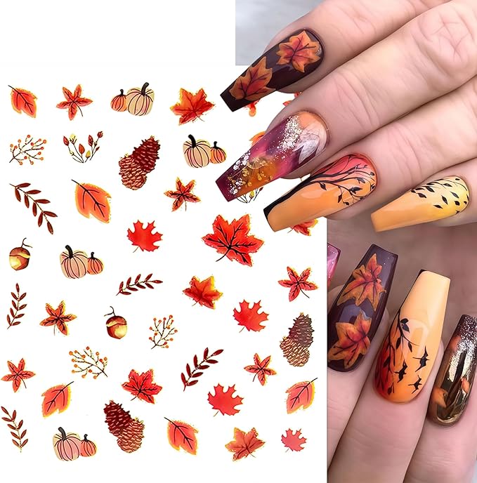 8 Sheets Autumn Maple Leaves Nail Stickers Glitter Pumpkin Nail Decals 3D Self-Adhesive Maple Leaf Nail Art Supplies Fall Ginkgo Leaf Stickers for Nails Thanksgiving Day Women DIY Manicure Decoration