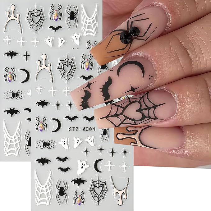 Halloween Nail Stickers 6 Sheets Bat Nail Stickers 3D Self-Adhesive Blood Spider Web Heart Spider Bat Nails Design Ghost Nail Decals Halloween Bats Ghost Sticker for Holiday DIY Manicure Decorate
