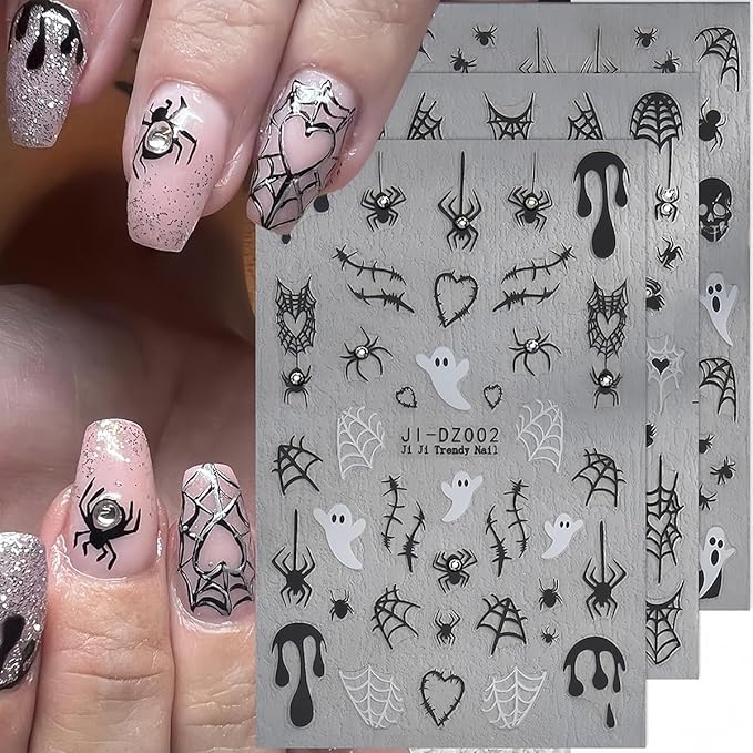 Spider Ghost Nail Stickers for Nail Art, Halloween Cute Spider Web Crystal Diamond Spider Design Nail Decals 3D Self-Adhesive Halloween Nail Art Stickers Holiday Nail Decoration for Women 6Sheets