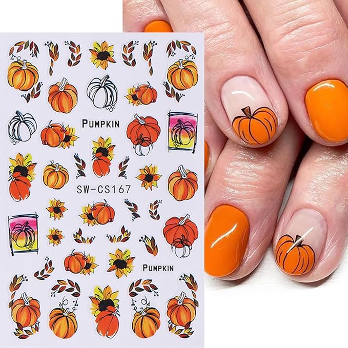 8 Sheets Pumpkin Nail Decals for Thanksgiving Art Stickers - Autumn Fruit Flower Leaf 3D Self-Adhesive Fall Decoration Supplies for Women Girls