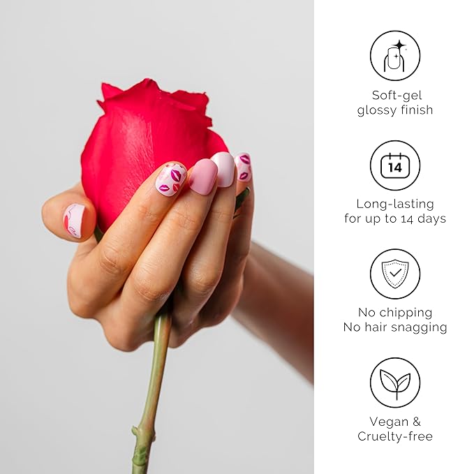 NAILOG Semi Cured Gel Nail Strips for Valentine's Day, 34 pcs Salon-Quality Gel Nail Stickers, Long Lasting Nail Wraps for Women with Soft Gel Finish Pink(Seal of Love)