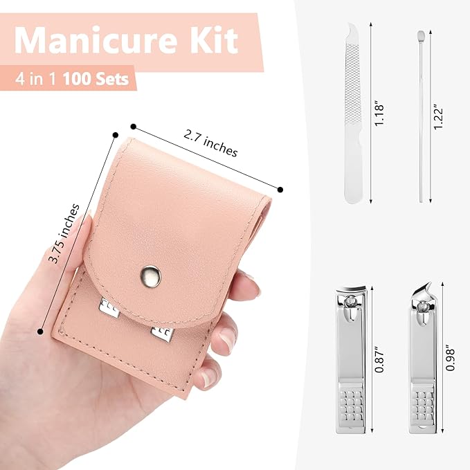 Lasnten 100 Bulk Nail Clipper Set Bulk Manicure Kit Stainless Steel Pedicure Professional Nail Care Kit with Travel Case Portable Grooming for Husband Men Women Family(Pink,4 in 1)