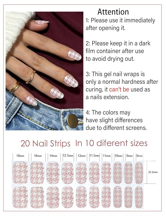 Semi Cured Gel Nail Strips, Houndstooth, Easy to Use and Remove, 20pcs Gel Nails Sticker for Home Nails DIY