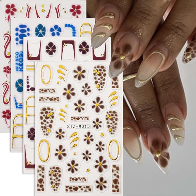 Flower Nail Art Stickers Decals French Tip Flower Nail Decals 4PCS Brown Wine Red Blue Flowers Petals Golden Circle Polka Dot Design Nails Adhesive Stickers for Women Fall Winter Nail Art Decorations