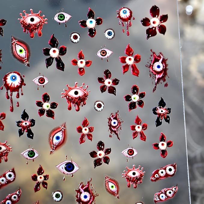Halloween Nail Stickers Flower Nail Sticker for Nail Art 5D Self-Adhesive Evil Eye Nail Decals Red Nail Art Supplies Accessories Decoration for Women and Girls