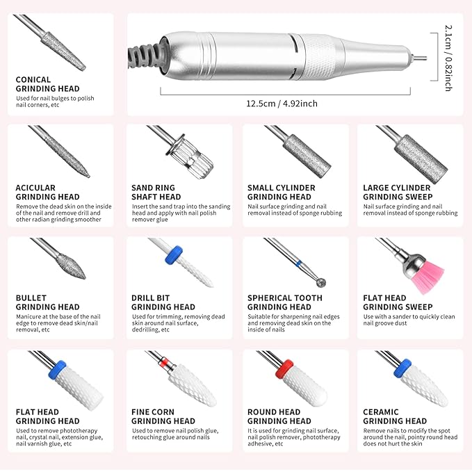 Professional Nail Drill Kit 45000RPM, Portable Electric Nail File with 13 Bits & 56pcs Sanding Bands,LED Screen,Ultra-Silent, Rechargeable Nail Drills Machine for Acrylic Nails Gel Polishing (Pink)