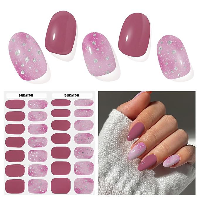 Semi Cured Gel Nail Strips, Berry Plum | 28 pcs Gel Nail Strips Work with Any UV Lamp, Salon Quality UV Nails Stickers, Easy to Apply for Home Nails DIY