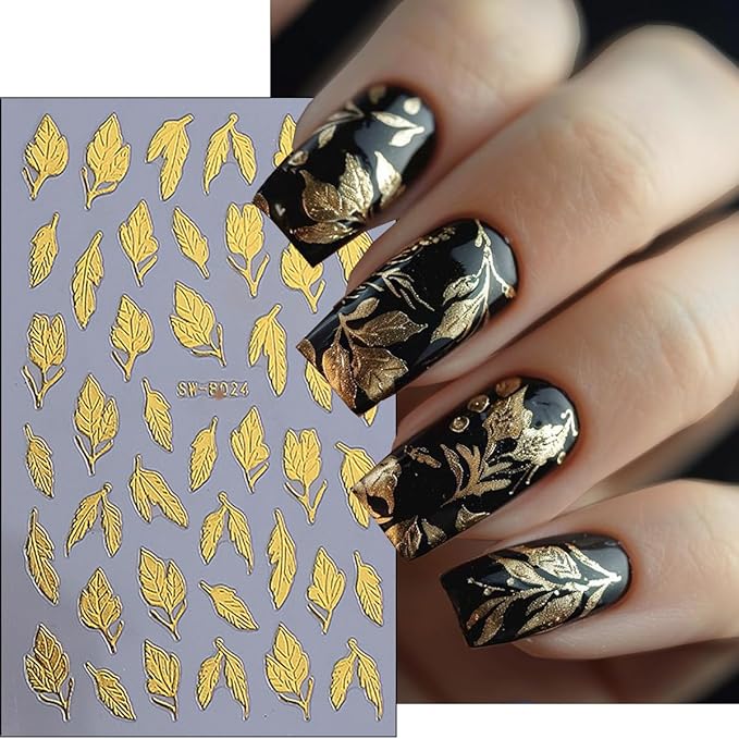 8 Sheets Gold Leaf Nail Stickers Autumn Leaves Nail Decals 3D Thanksgiving Design Fall Nail Art Stickers Gold Flower Vines Snowflake Nail Decoration Accessories for Women DIY Acrylic Nails Salon