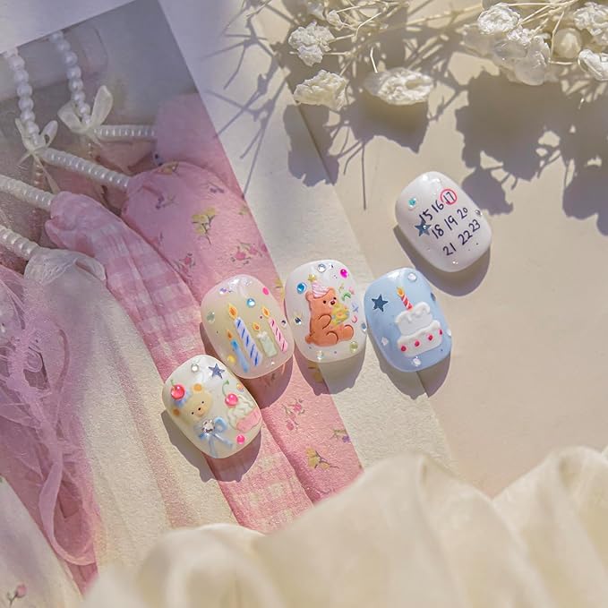 Christmas Tree Nail Stickers 3D Birthday Cake Candle Nail Art Stickers Letter Number Bear Nail Decals Self Adhesive Design Sticker Holiday Nail Art Decoration for Girls Women Manicure Accessories