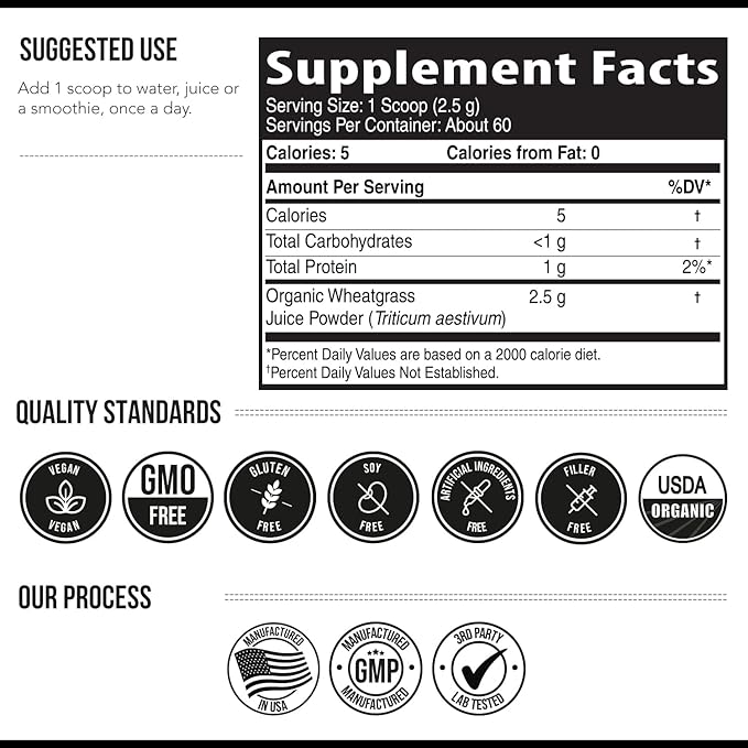 Organic Wheatgrass Juice Powder - Organic, Grown in Volcanic Soil of Utah - Raw BioActive Form, Cold-Pressed Then CO2 Dried, 20:1 Concentrate Juice Extract - Unflavored (5.3 oz – 60 Servings)