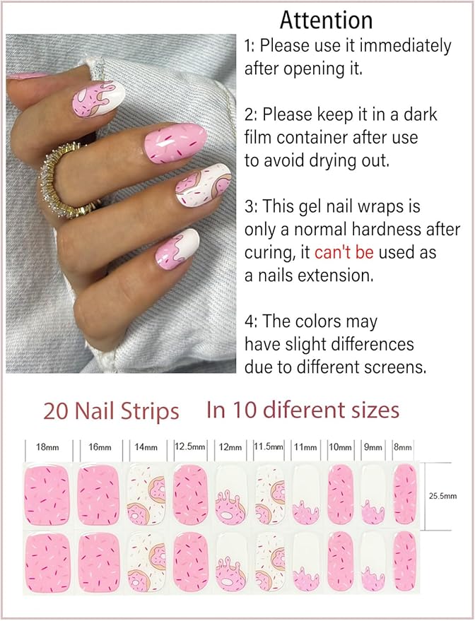 Semi Cured Gel Nail Strips, 20pcs Pink Donut Gel Nail Stickers UV for Home Nails DIY