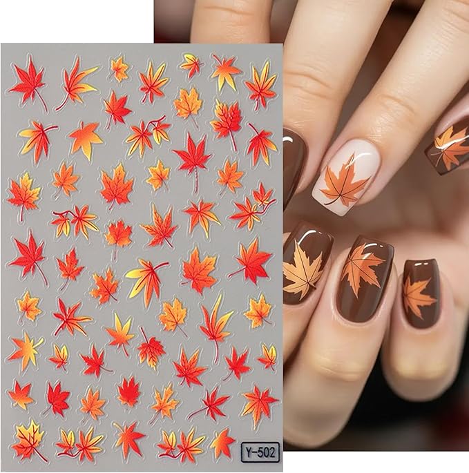 Fall Maple Leaves Nail Stickers for Nail Art Thanksgiving Autumn and Winter Maple Leaf Gradient Maple Leaf Nail Art Designs 3D Self-Adhesive Decals for Women Nail Decoration Supplies 2 Sheets