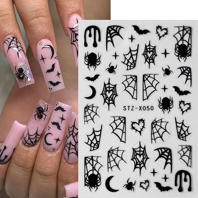 Spider Nail Art Stickers Black and White Spider Spider Web Nail Decals 3D Self-Adhesive Halloween Nail Sticker Spider Design Halloween Nail Art Decoration Holiday Nail Charms for Women 8 Sheets
