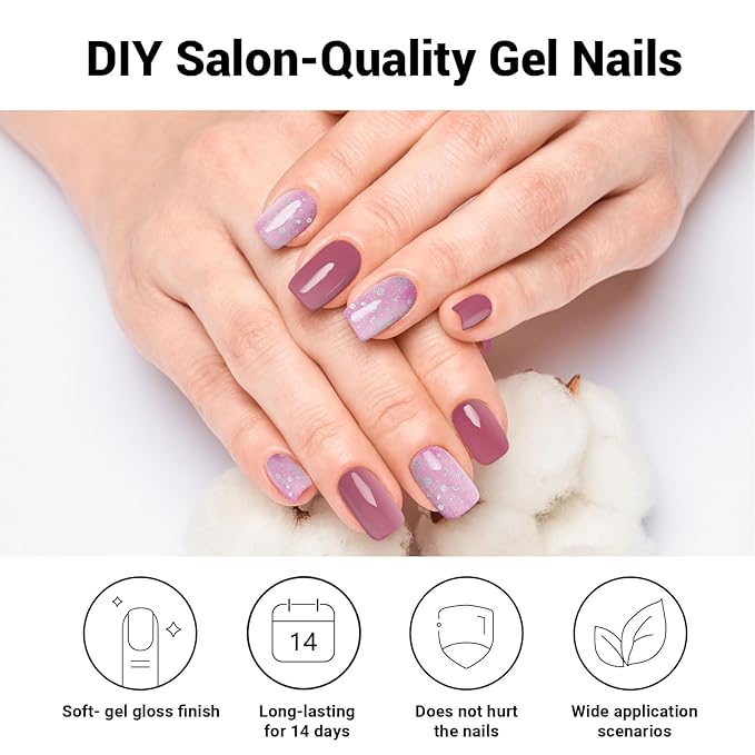 Semi Cured Gel Nail Strips, Berry Plum | 28 pcs Gel Nail Strips Work with Any UV Lamp, Salon Quality UV Nails Stickers, Easy to Apply for Home Nails DIY