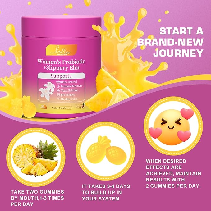 Her Juicy Feminine Probiotics Gummies for Women with Slippery Elm - Pineapple Flavor, pH Balance & Immune Health Support - Digestive & Feminine Support - Vegan Supplement, 60 C
