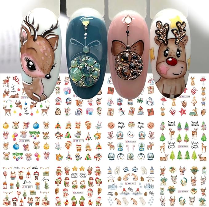 Christmas Nail Art Stickers Decals Snowflake Water Transfer Slider Nail Foils for Christmas Nail Art Supplies Cartoon Santa Claus Elk Gift Polar Bear Winter Design DIY Manicure Tips Stickers for Nails