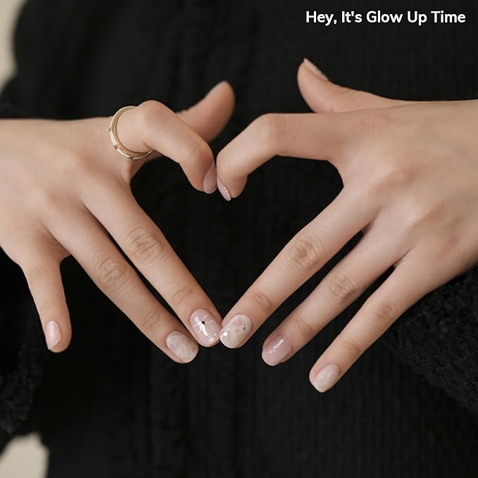 Heyhae Semi Cured Gel Nail Strips | No LED Lamp Needed | Glitter, Pink, Spring | Easy Apply & Remove, Salon Quality | Includes 28 Strips, 1 Prep Pads, Nail File & Wooden stick - Hey, It's Glow Up Time