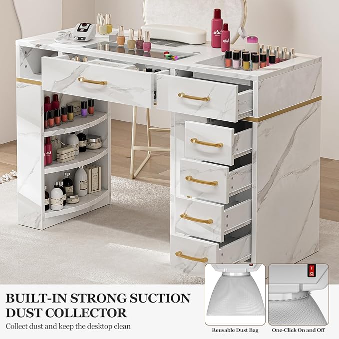 Paddie Manicure Table with Dust Collector, Glass Top Nail Tech Table Nail Desk Station w/7 Storage Drawers & 3-Tiers Open Shelves, Nail Workstation w/Wrist Cushion & Golden Handles((White Marble)