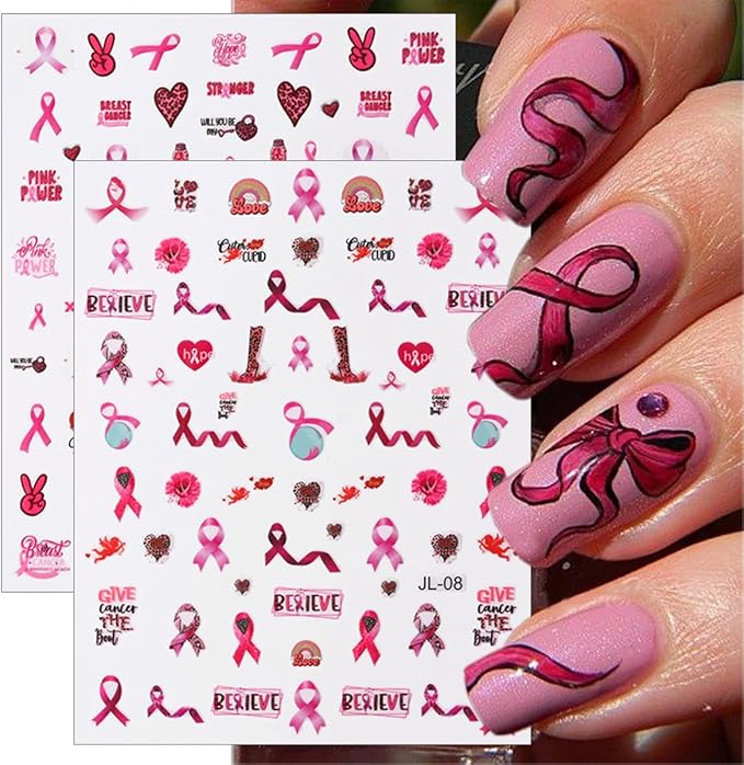 Pink Ribbon Breast Cancer Awareness Nail Stickers - 3D Self-Adhesive Pink Flower Angel Decals for Women & Girls (6Pcs)
