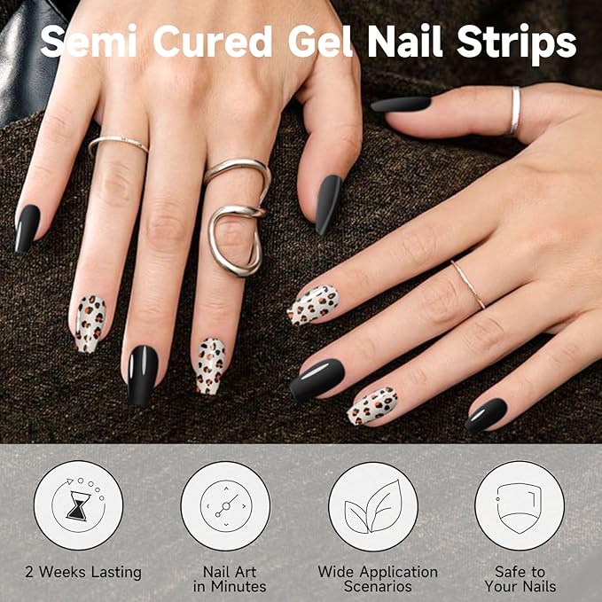 Semi Cured Gel Nail Strips (Black Leopard Print), 28 pcs Gel Nail Stickers, Work with Any UV Lamps, Long-Lasting NailWraps for Women, Salon Quality, Easy to Apply & Remove, Nail Art DIY