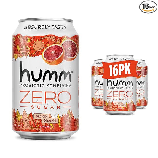 Humm Probiotic Kombucha Zero Sugar Blood Orange, No Refrigeration Needed, Keto Friendly, Organic, Vegan, Gluten Free, 12oz Cans (16 Pack)