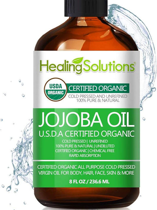 Healing Solutions Oils - 8 oz Jojoba Oil Organic Pure & Natural, Cold Pressed Unrefined, Hexane & Chemical Free, All-Natural Solution for Face & Hair, Fights Acne, Moisturizes Skin