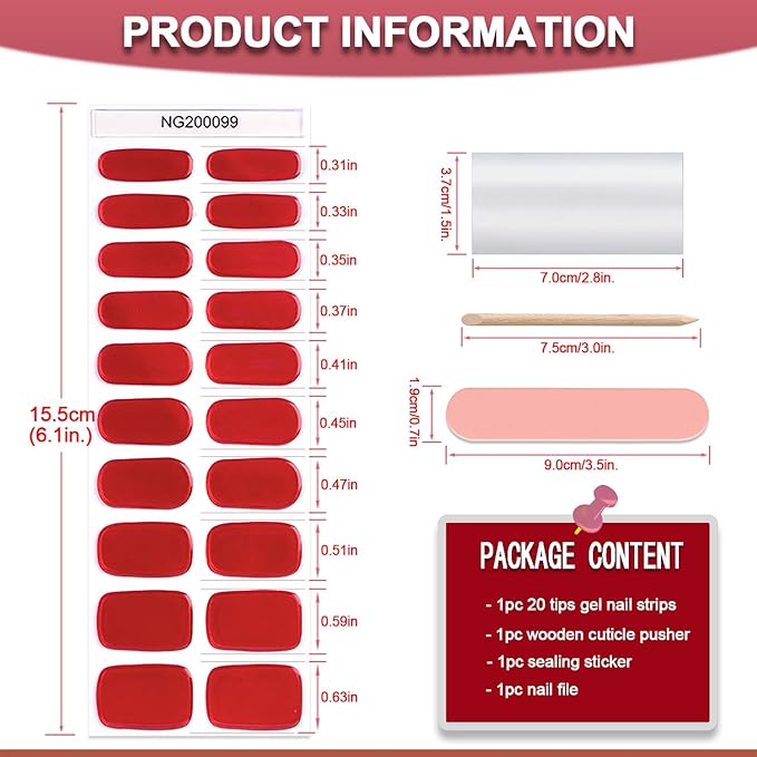 WOKOTO 20Pcs Chrome Red Gel Nail Strips with Nail File & Wooden Stick Holographic Red Semi Cured Nail Polish Strips UV Gel Nail Stickers Full Nail Wraps Stick On Nails Strips Decals for Women Girls