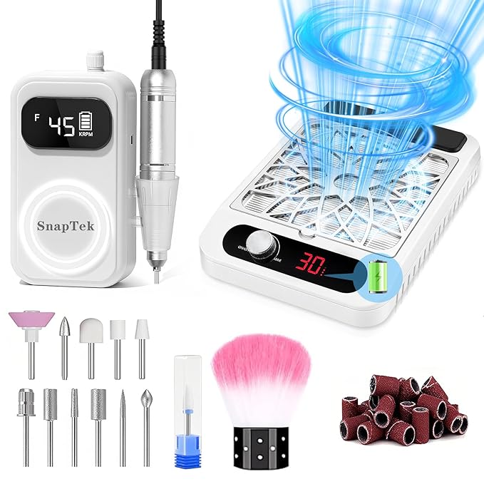 Reusable Electric Nail Drill Kit & Nail Dust Collector,Portable Nail Drill Professional 45000 RPM(with 12 Drill Bits & Accessories),E File Nail Kit for Manicure Salon Home