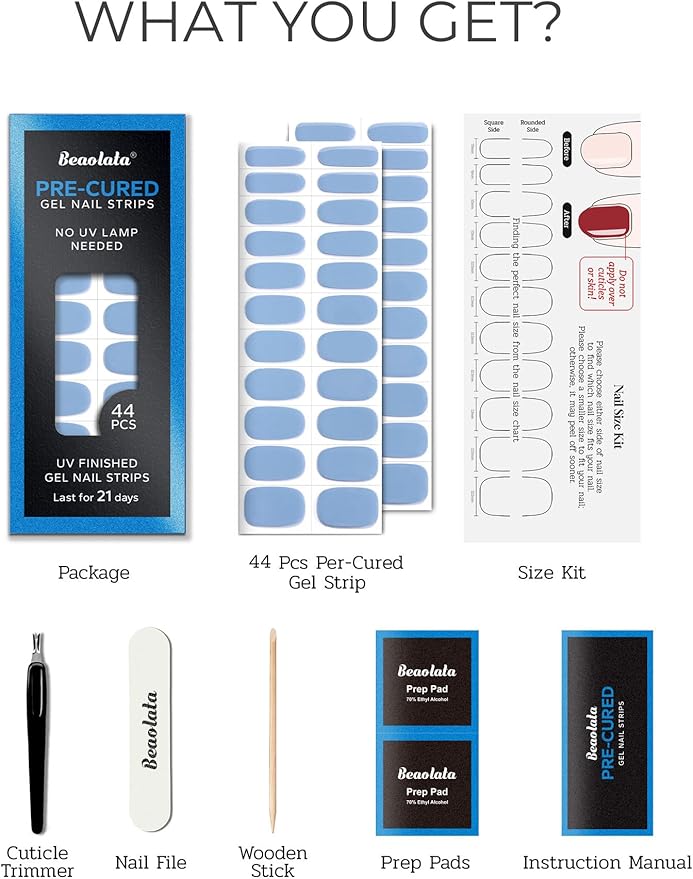 Pre Cured Gel Nail Strips - 44PCS Salon Quality Gel Nail Stickers - Long Lasting Polish Wraps for Women no UV Light Needed Easy Apply& Remove (Lily Blue)