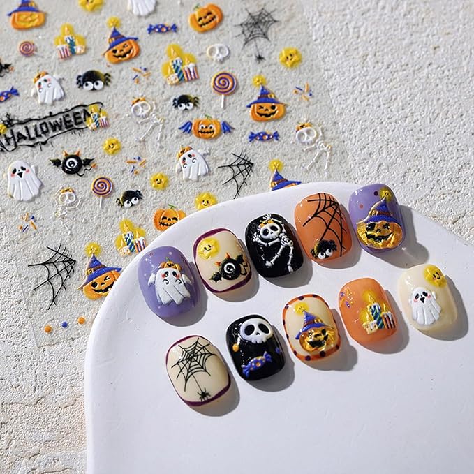 Halloween Nail Stickers Pumpkin Nail Decals Ghost Spider Design Manicure Art 5D Embossed Nails Decorations Holiday Self Adhesive Nails Supplies for Women