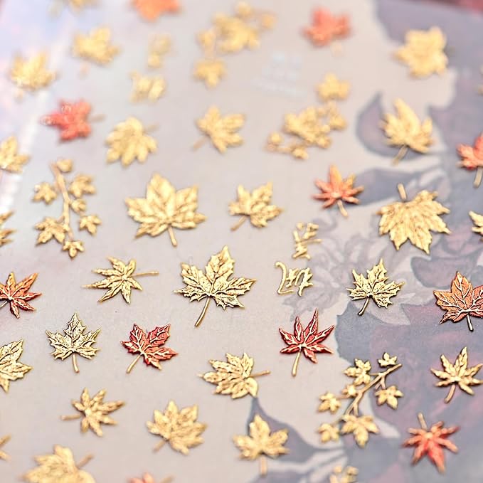 1Sheet 5D Embossed Thanksgiving Nail Art Stickers Self Adhesive Bronzing Fall Maple Leaves Design Nails Decals for Acrylic Nails Fiery Red Maple Leaf Nail Sticker for Women Autumn Nails Decor Supplies