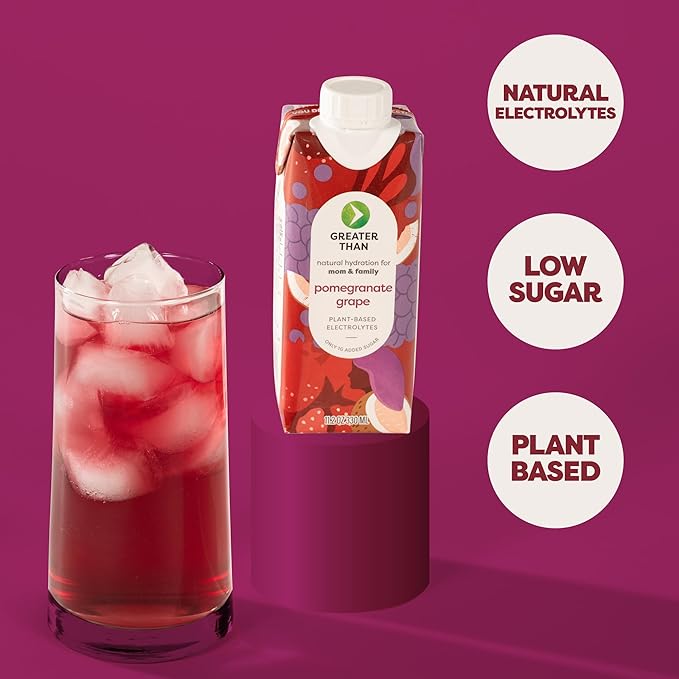 Greater Than Nutrient Hydration Beverage, Electrolyte Drink for Gut Health & Energy with Coconut Water, Vitamins, Gluten Free, Plant Based, Low Sugar, Pomegranate Grape, 24 Pack