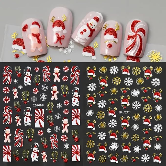 12Sheets Christmas Nail Art Stickers Snowflake Snowman 3D Self-Adhesive Xmas Nail Decals Nail Art Supplies Red Gold Santa Claus Elk Xmas Tree Santa's Hat Design Holiday Nail Art Accessories for Women