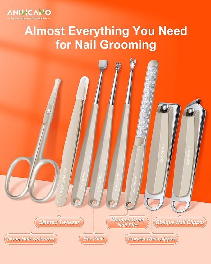 Manicure & Pedicure Kit for Men & Women, ANIHICANO 8-in-1 Premium Stainless Steel Personal Care Tools Set with PU Leather Case, Travel-Friendly for Home & Professional Use (Champagne)