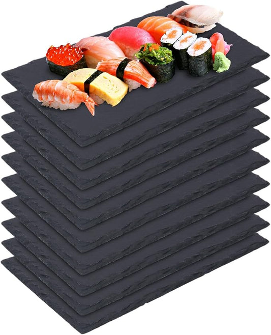 10 Pack 10 x 6 Inch Slate Cheese Boards, Black Rectangle Slate Charcuterie Boards, Natural Charcuterie Stone Plates for Parties, Gifts, and Special Events, Cheese, Sushi, Food.