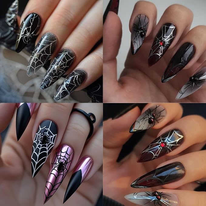 1 Sheets Halloween Nail Stickers for Nail Art Metal Spider Nail Art Stickers Silver Spiders Web with Rhinestones Design Horror Gothic Nail Decals Manicure Decoration for Women Acrylic Nail Supplies
