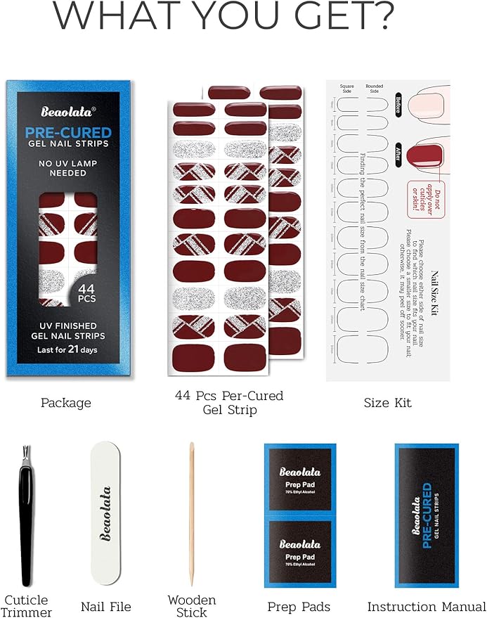 Pre Cured Gel Nail Strips - 44PCS Salon Quality Gel Nail Stickers - Long Lasting Polish Wraps for Women no UV Light Needed Easy Apply& Remove (Cocoa Brown）