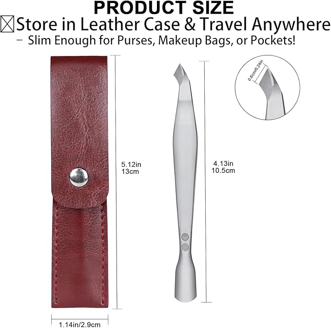 Tweezers-Style 2-in-1 Cuticle Trimmer & Pusher - Surgical-Grade Stainless Steel, Compact Portable Nail Tool with Leather Case for Precise Hangnail/Cuticle Care (Home, Travel, Salon)
