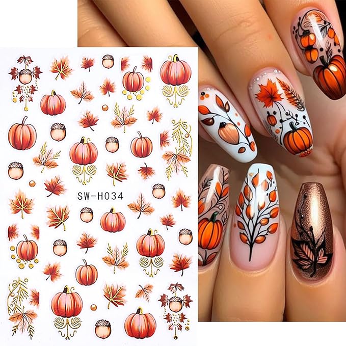 Pumpkin Nail Art Stickers Fall Maple Leaf Nail Decals 6 Sheets 3D Self-Adhesive Maple Leaves Pumpkin Nail Design Nail Art Supplies Fall Stickers for Nails Women DIY Manicure Decorations Accessories
